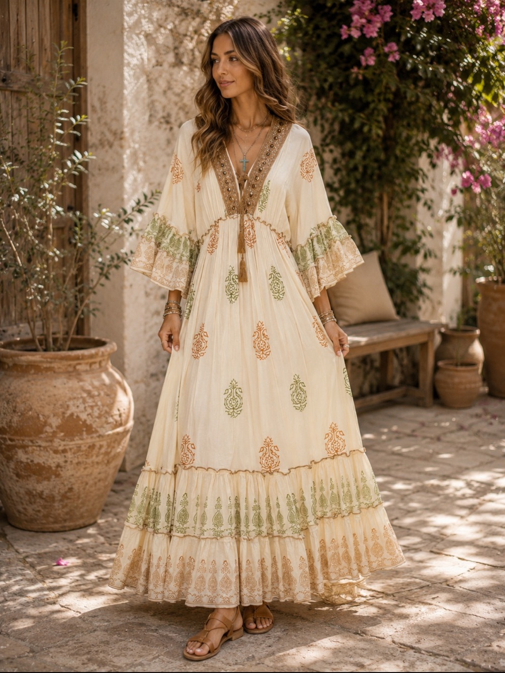 ShopEvelynne Cream Maxi Dress with Green & Tan Accents